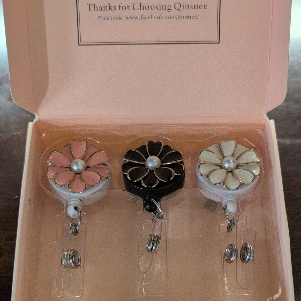 Floral Badge Holder Trio with Pearl Accents
